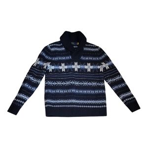 Polo Ralph Lauren Mens L 100% Wool Hand Knit Sweater Tan Blue Snowflake B24